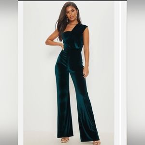 PLT Emerald Green Velvet Drape One Shoulder Jumpsuit Size US 2